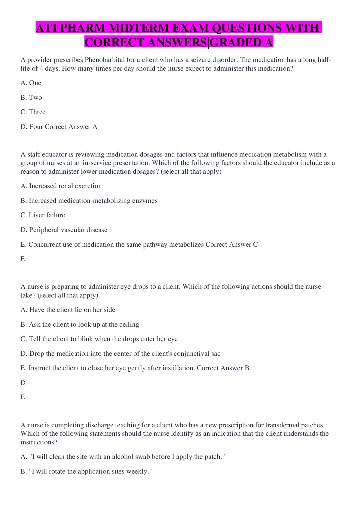 Preview of ATI PHARM MIDTERM EXAM  QUESTIONS WITH CORRECT ANSWERS|GRADED A